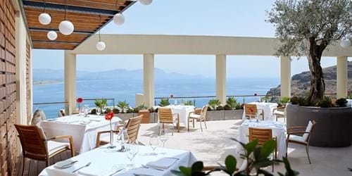 Five Senses restaurant with olive tree centrepiece at Lindos Blu, Rhodes
