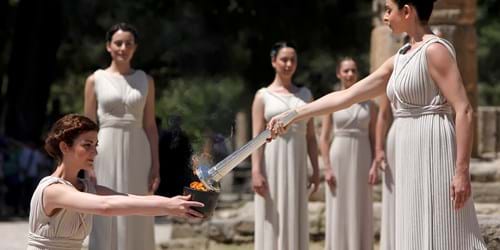 Torch lighting during Olympic Games ceremony in Olympia, Greece 2012